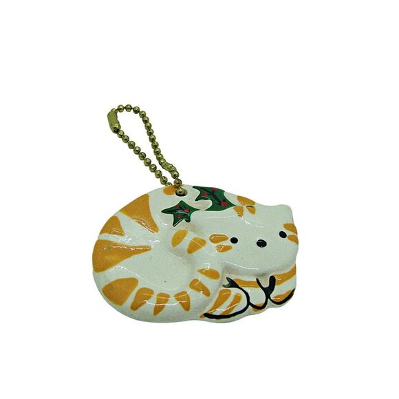 Ceramic Tabby Cat Hanging Christmas Ornament/Keychain Yellow White Green Decor - Picture 1 of 9